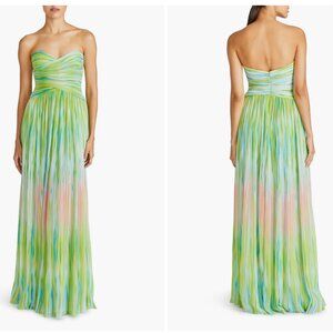ML Monique Lhuillier Mila Pleated Print Strapless Chiffon Gown - Size 4